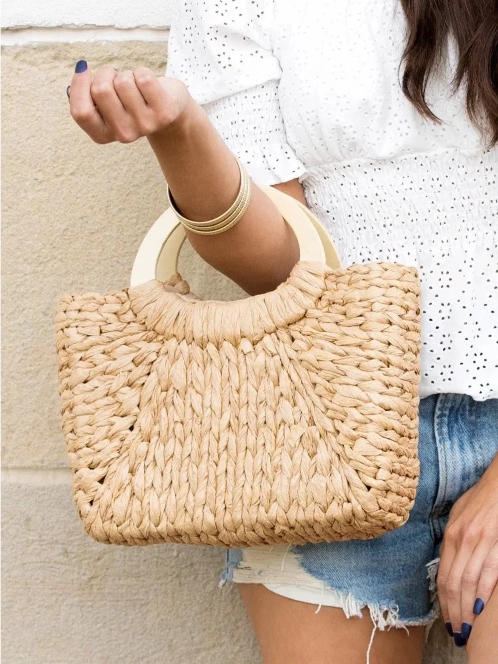 Natural Woven Straw Tote Bag with Round Handles